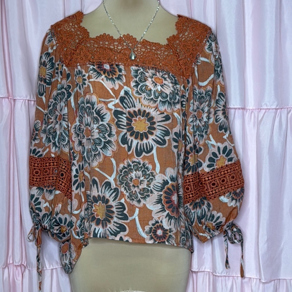 111. Zac & Rachel Floral Crochet Boho Peasant Top Blouse M